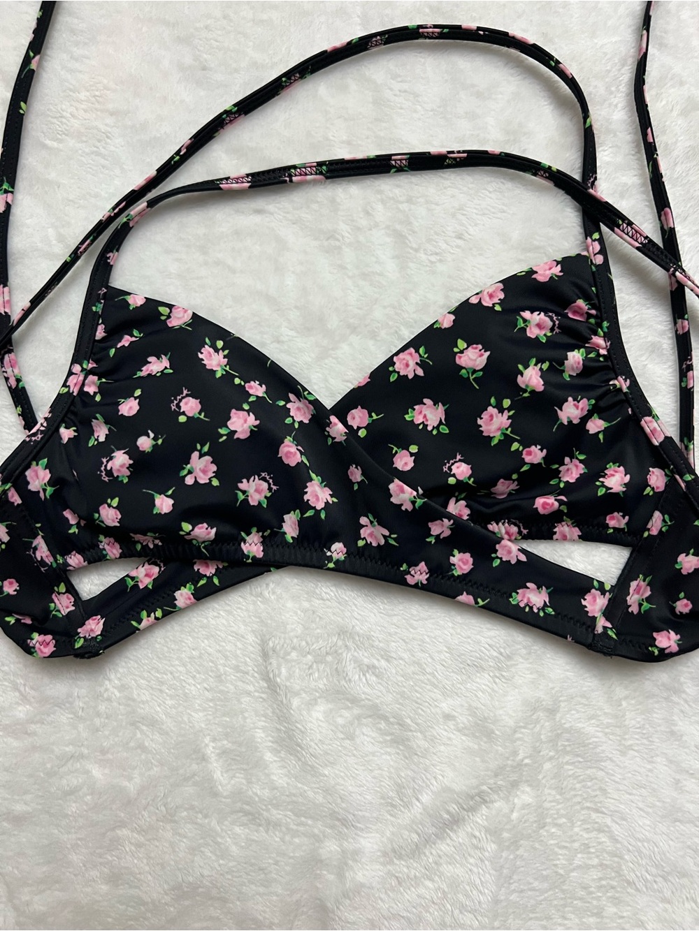 Pink Victoria's Secret Black Bikini Top with Pink Rose Print
